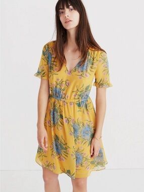 Madewell Yellow Floral V-Neck Ruffle Sleeve Mini Dress